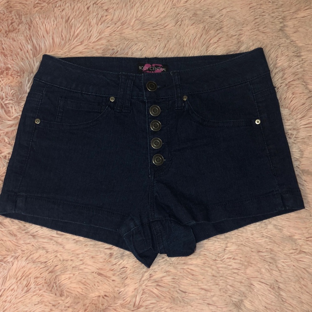 Dark Denim Shorts with Revere button up front